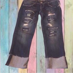Rue 21 Blue Denim Cuffed Destroyed Raw Hem Cropped Jeans